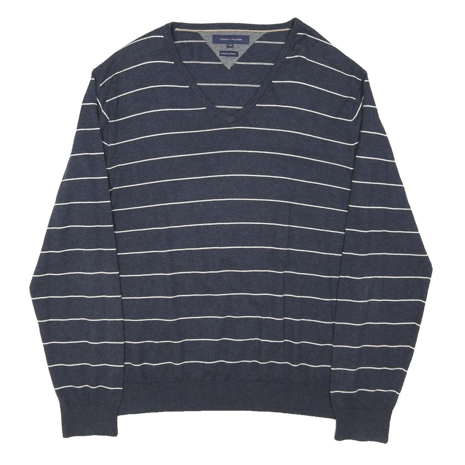 TOMMY HILFIGER Mens Navy & White Striped Plain V-Neck Basic Knit Jumper XL