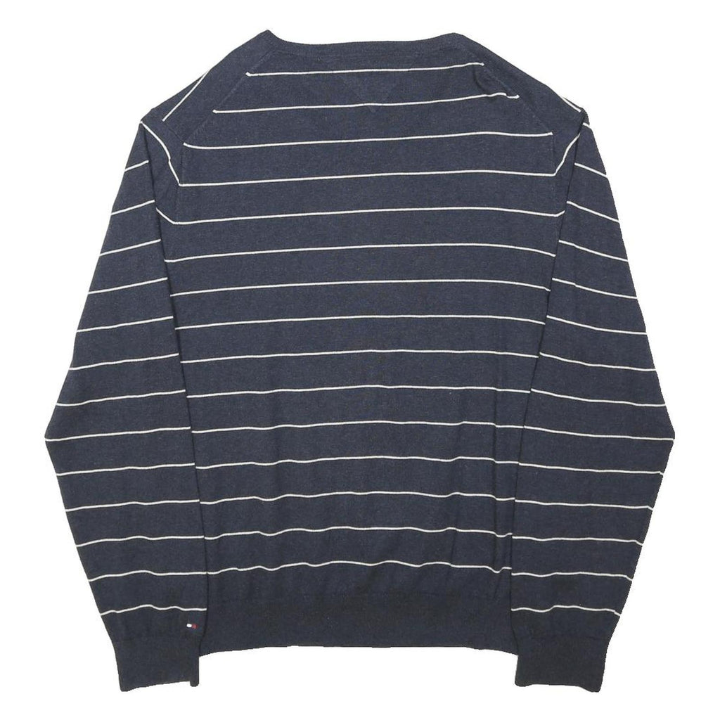 TOMMY HILFIGER Mens Navy & White Striped Plain V-Neck Basic Knit Jumper XL