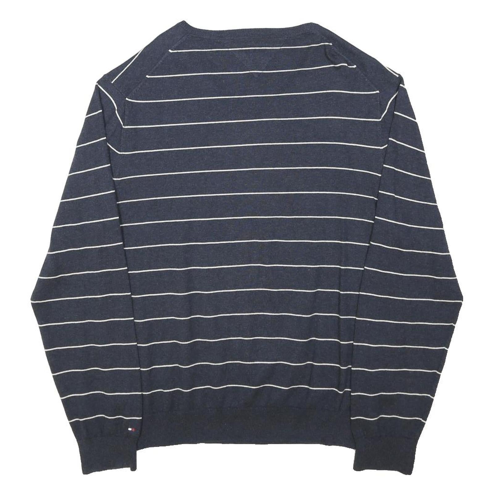 TOMMY HILFIGER Mens Navy & White Striped Plain V-Neck Basic Knit Jumper XL