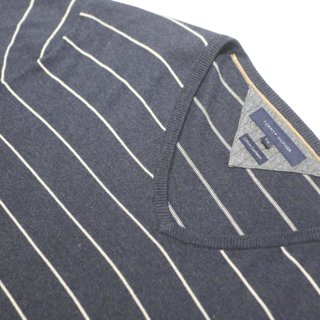 TOMMY HILFIGER Mens Navy & White Striped Plain V-Neck Basic Knit Jumper XL
