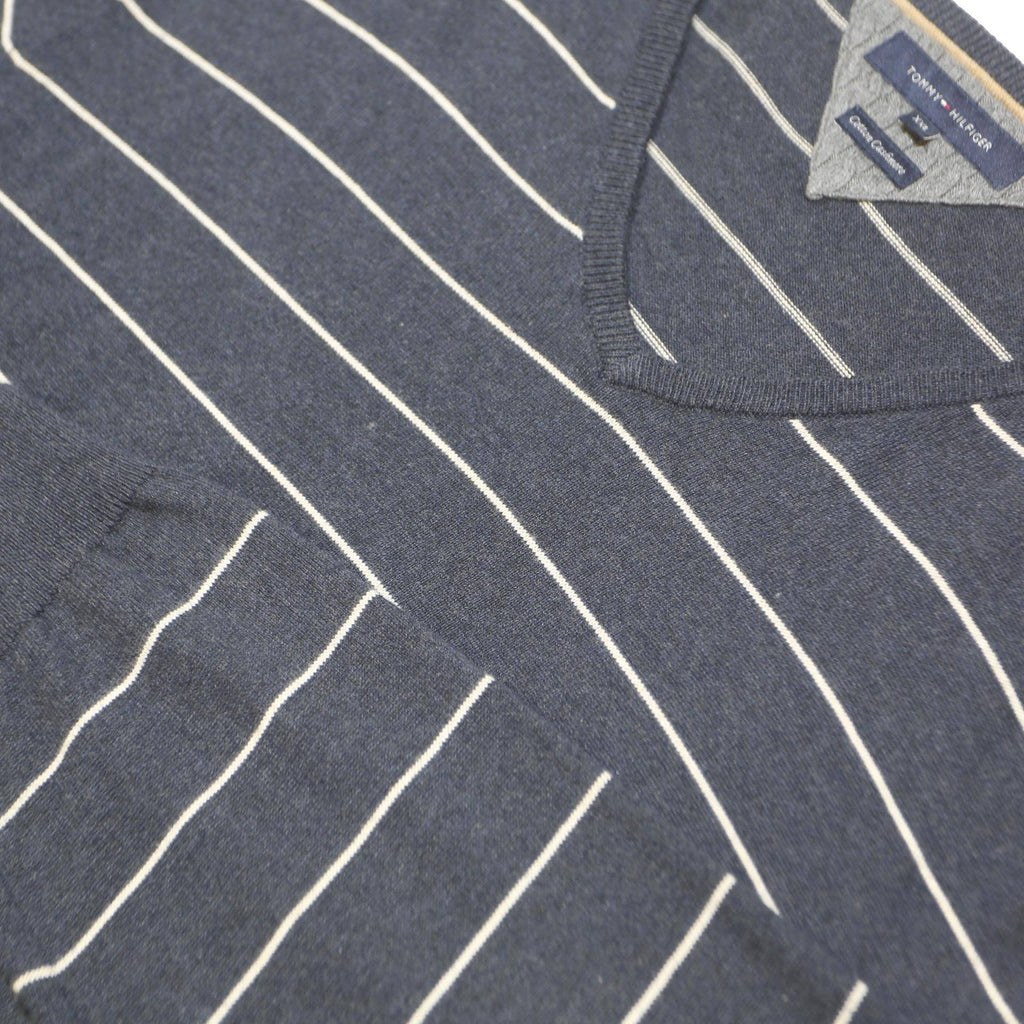 TOMMY HILFIGER Mens Navy & White Striped Plain V-Neck Basic Knit Jumper XL