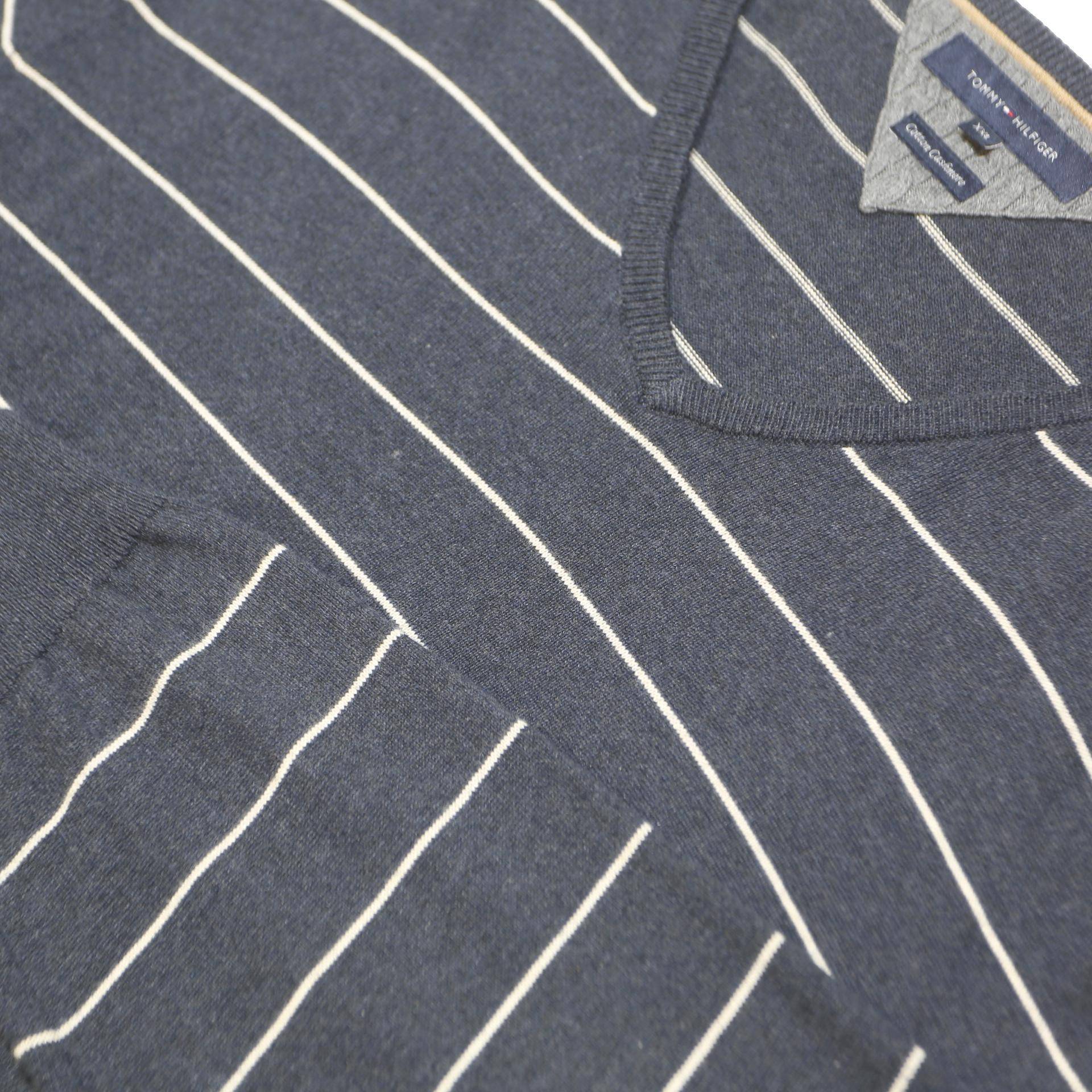 TOMMY HILFIGER Mens Navy & White Striped Plain V-Neck Basic Knit Jumper XL