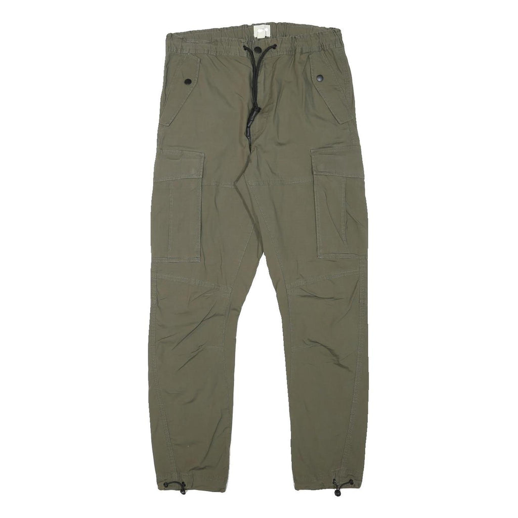 H&M Mens Cotton Blend Slim Cargo Trousers Green W29 L28 Drawstring Pockets