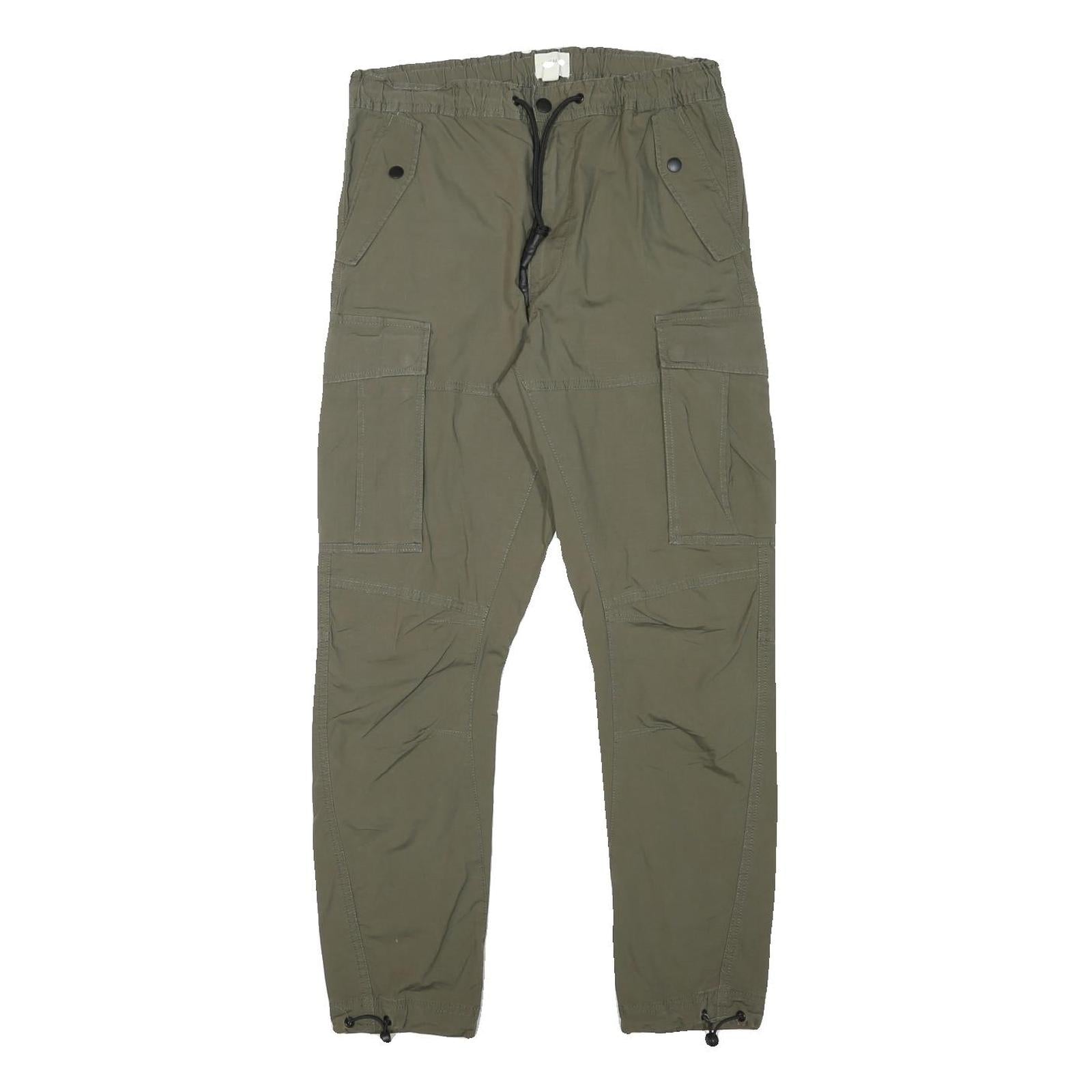 H&M Mens Cotton Blend Slim Cargo Trousers Green W29 L28 Drawstring Pockets