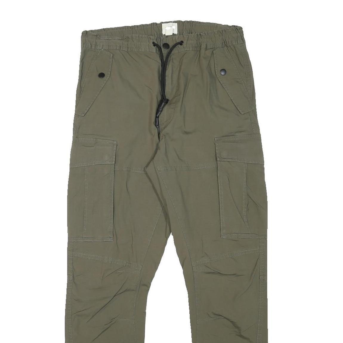 H&M Mens Cotton Blend Slim Cargo Trousers Green W29 L28 Drawstring Pockets