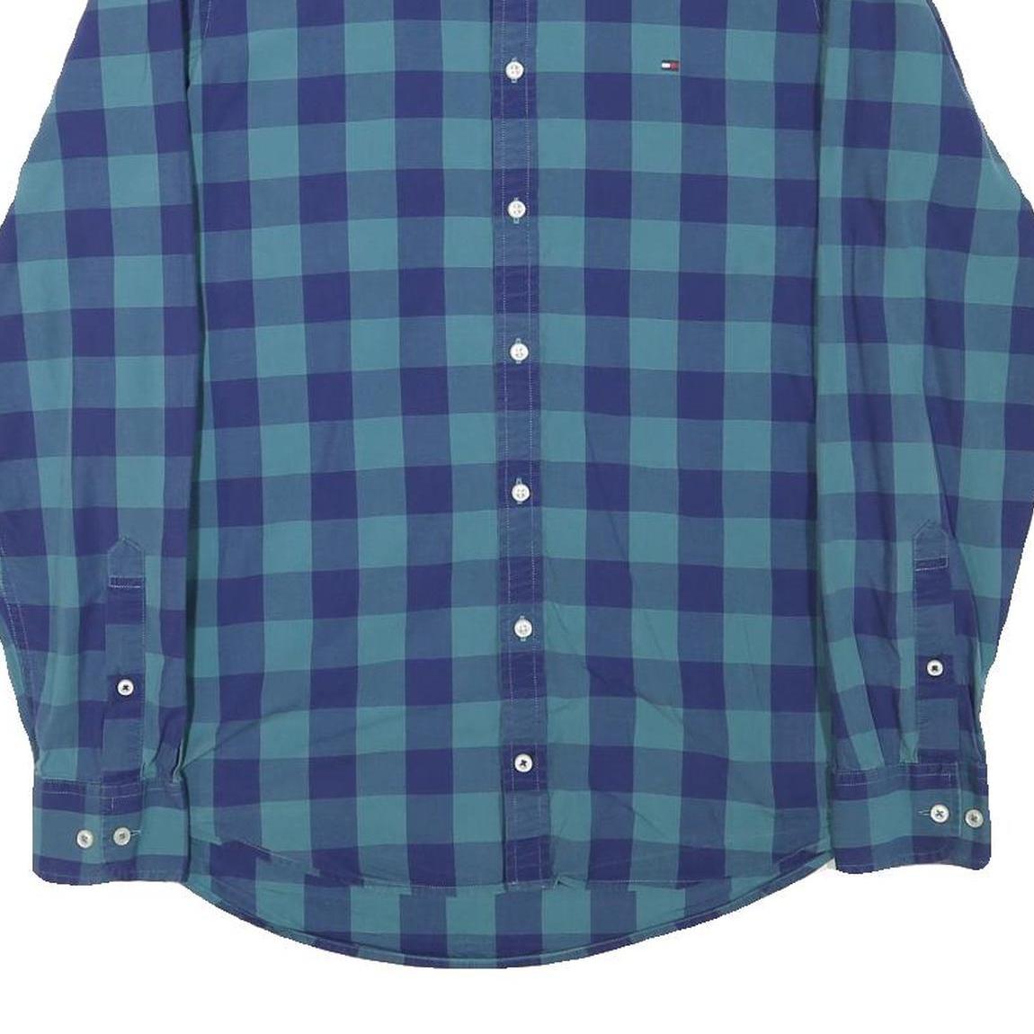 TOMMY HILFIGER Mens Blue & Green Check Shirt L Button Down Collar Long Sleeve
