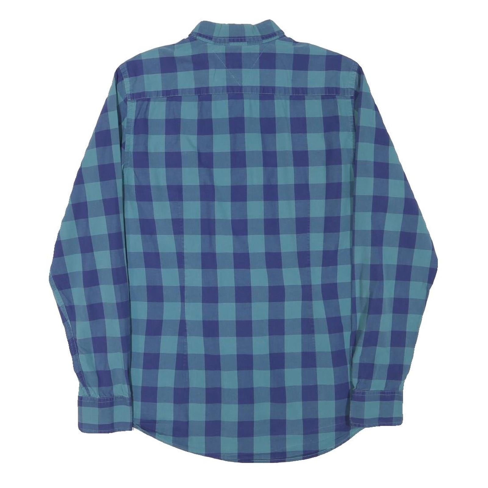 TOMMY HILFIGER Mens Blue & Green Check Shirt L Button Down Collar Long Sleeve