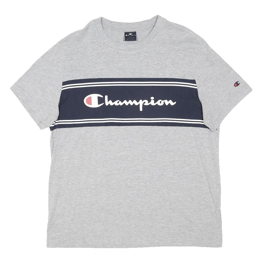 CHAMPION Mens Grey And Navy Graphic T-Shirt L Short Sleeve Crew Neck Cotton