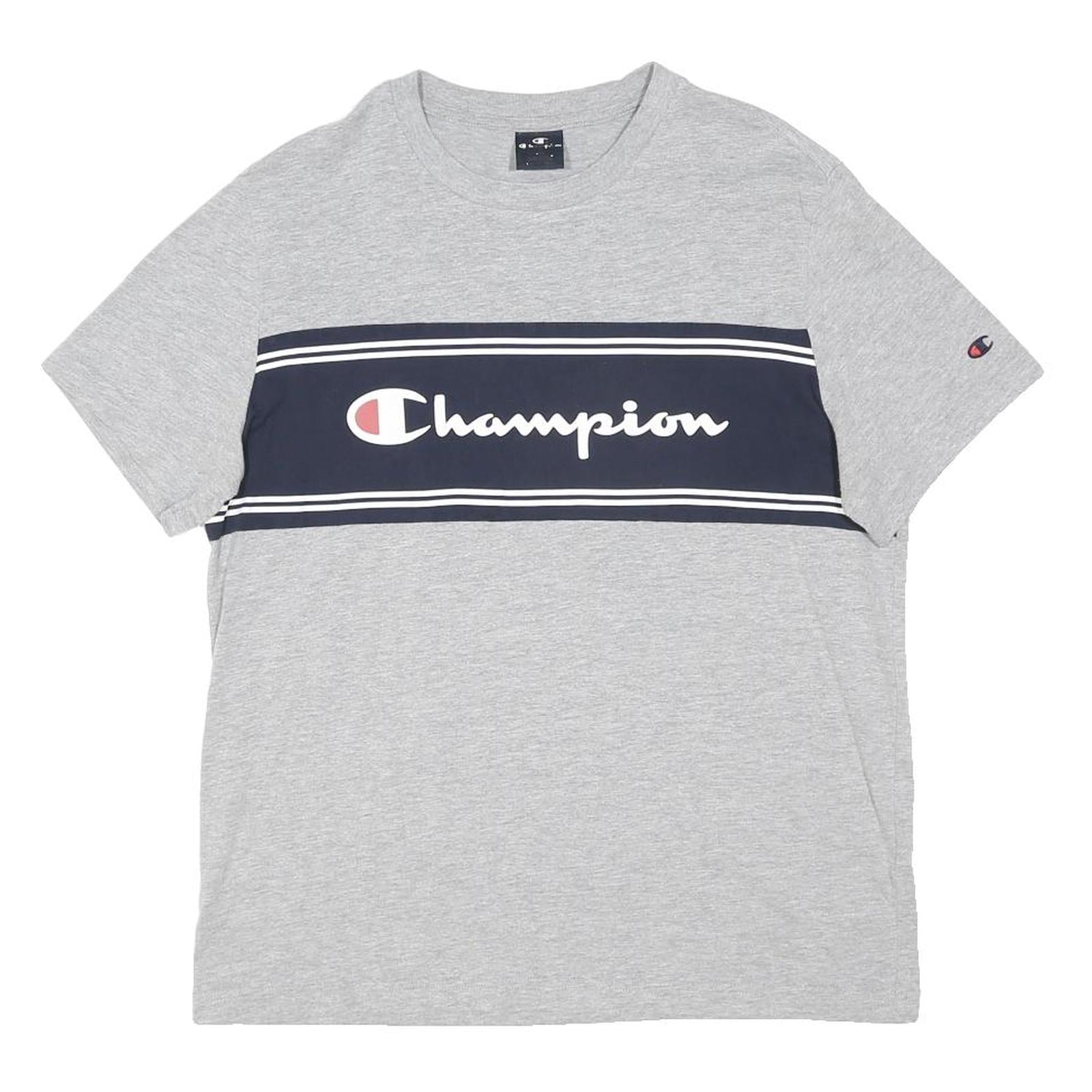 CHAMPION Mens Grey And Navy Graphic T-Shirt L Short Sleeve Crew Neck Cotton