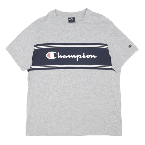 CHAMPION Mens Grey And Navy Graphic T-Shirt L Short Sleeve Crew Neck Cotton
