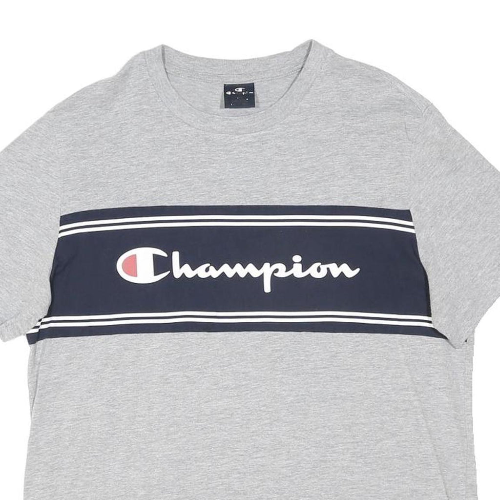 CHAMPION Mens Grey And Navy Graphic T-Shirt L Short Sleeve Crew Neck Cotton