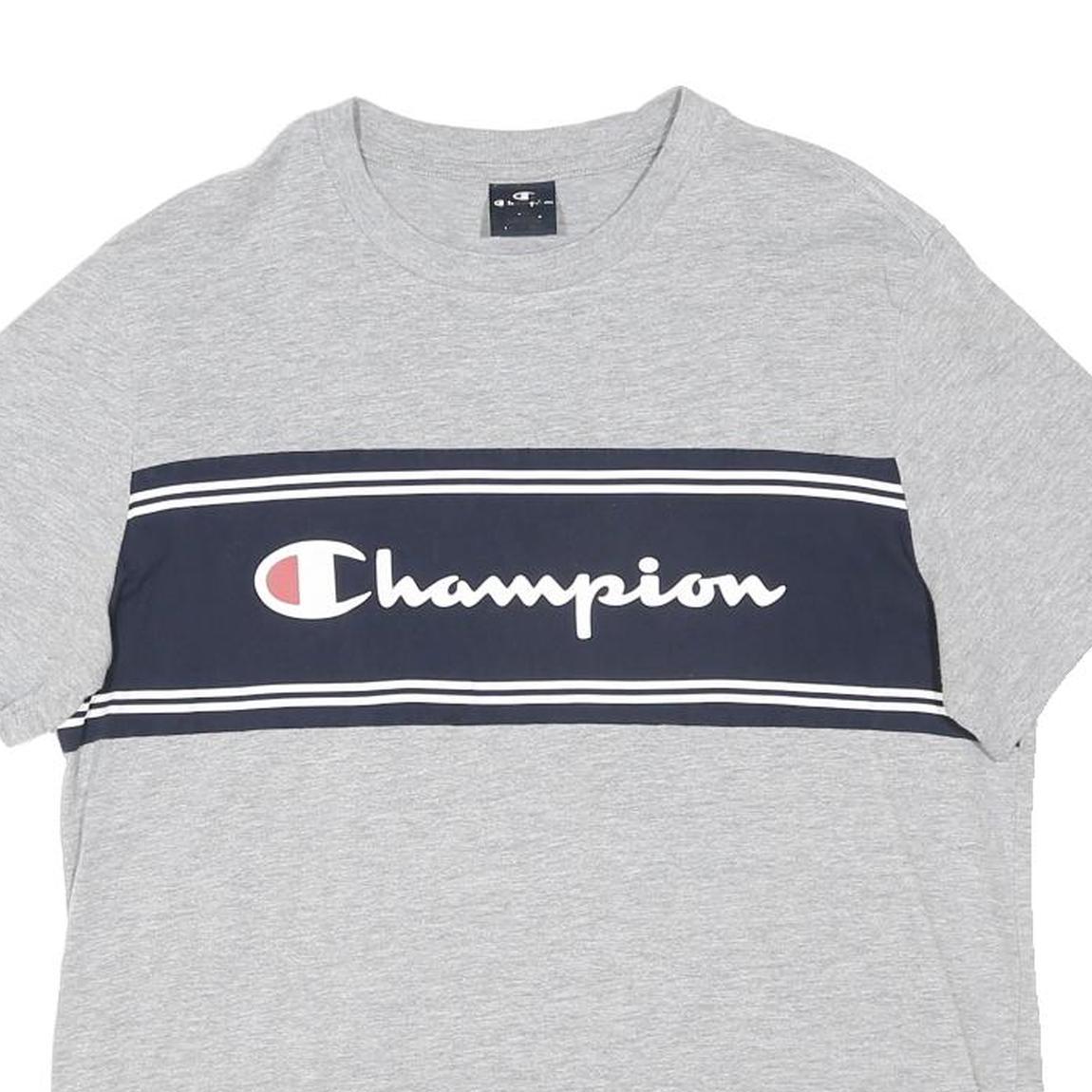 CHAMPION Mens Grey And Navy Graphic T-Shirt L Short Sleeve Crew Neck Cotton