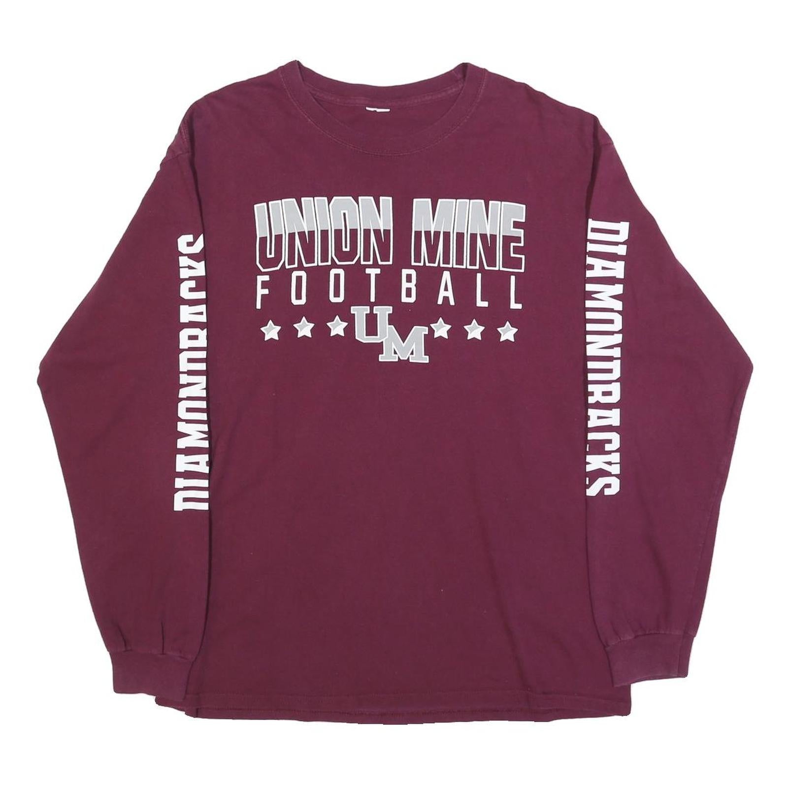 Mens Maroon Union Mine Football Long Sleeve Crew Neck Graphic Cotton T-Shirt L