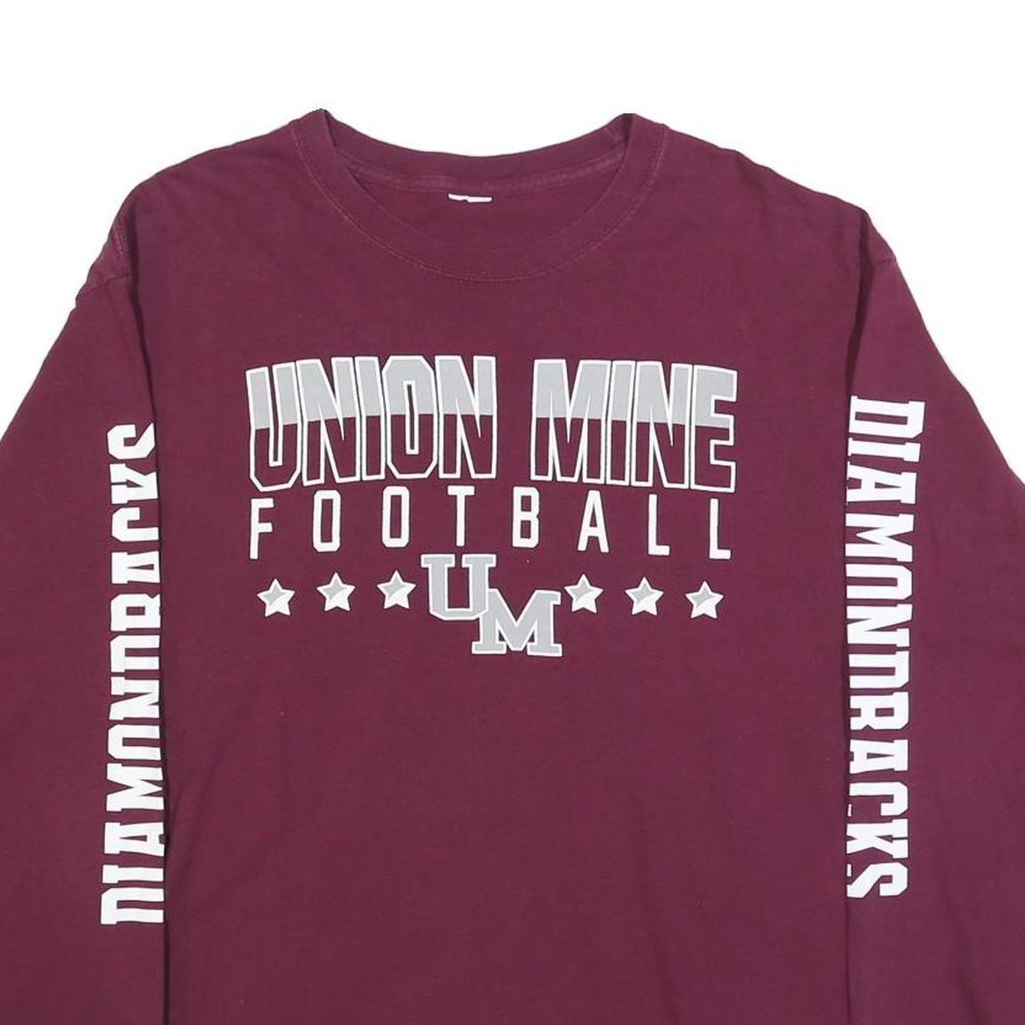 Mens Maroon Union Mine Football Long Sleeve Crew Neck Graphic Cotton T-Shirt L