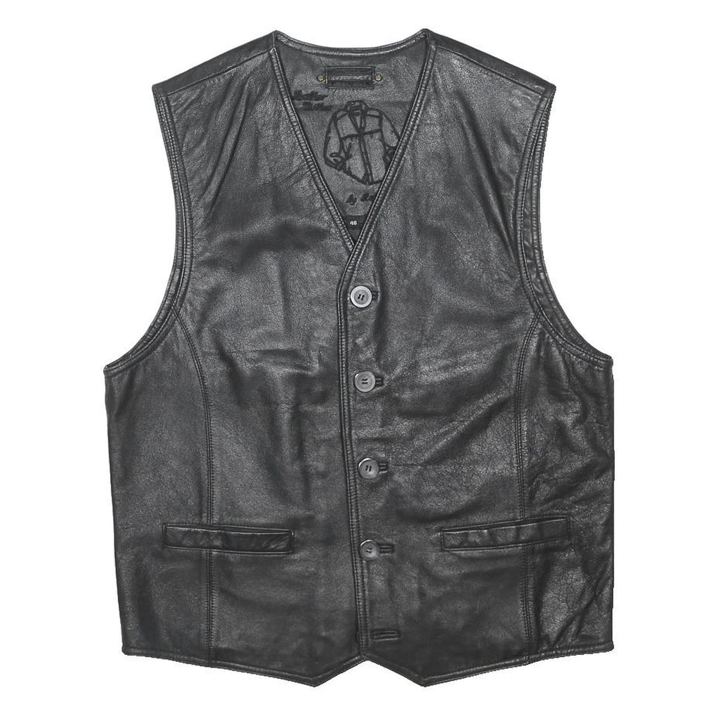 LEATHER CLOTHES Mens Black Leather Button Jacket L Classic Waistcoat Vest