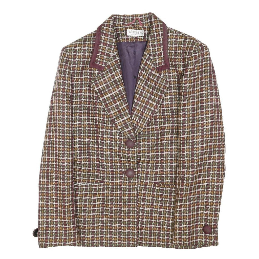 MAURICE WEINBERG Womens Brown Burgundy Check Wool Button Jacket M Classic