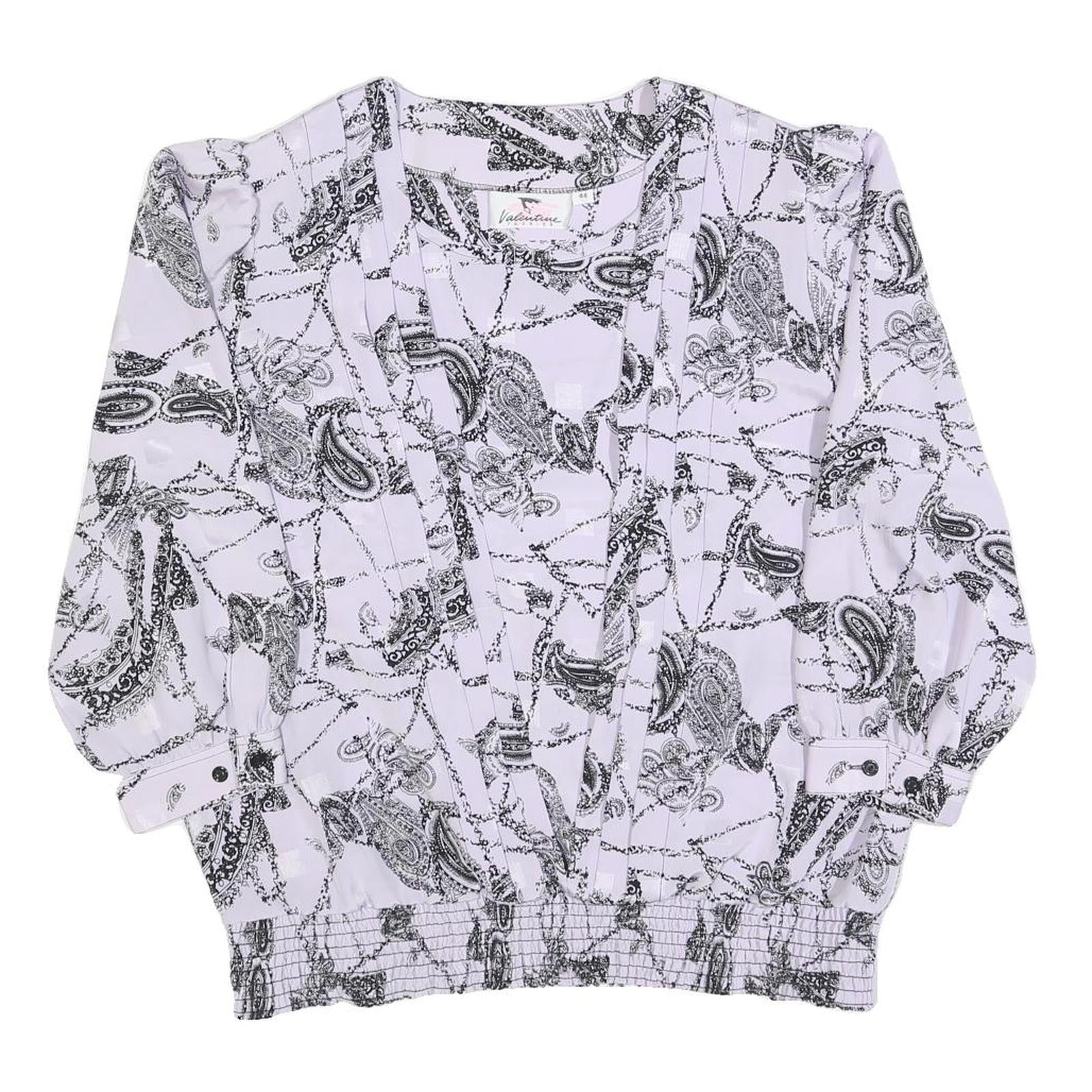 VALENTINE Womens White & Black Paisley Printed Top Long Sleeve V-Neck L Stylish