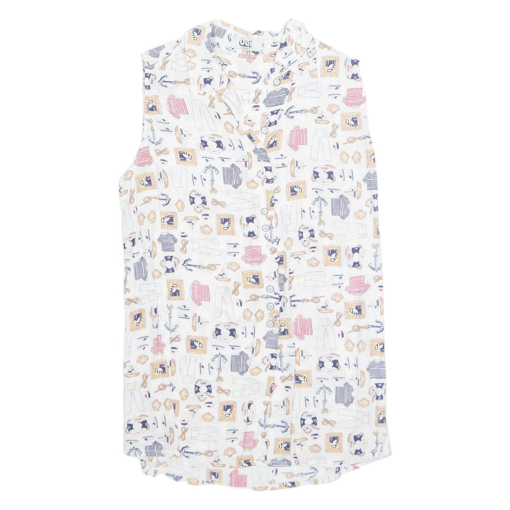 OUI SPORT Womens Printed Shirt White Collared Sleeveless Viscose Crazy Pattern M
