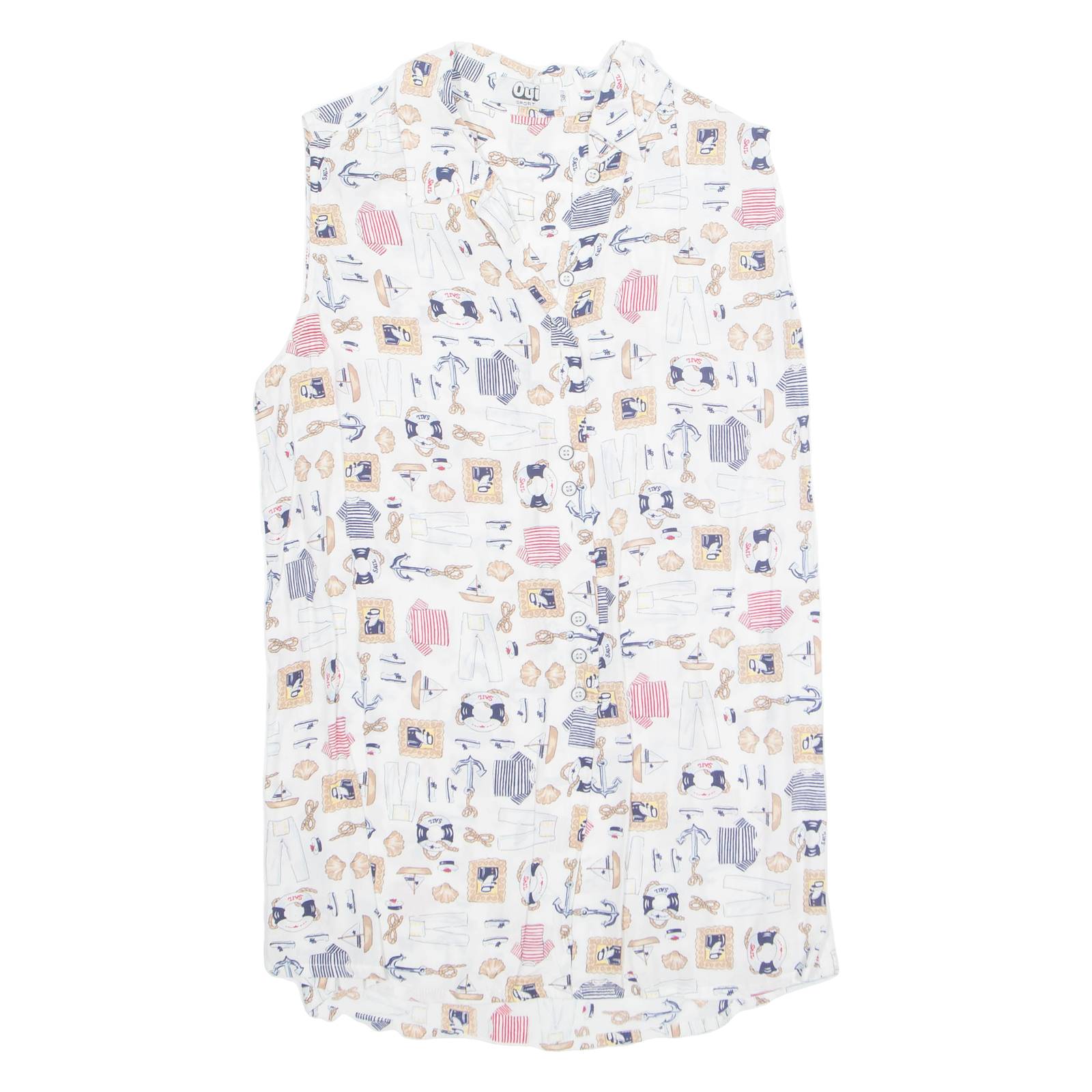 OUI SPORT Womens Printed Shirt White Collared Sleeveless Viscose Crazy Pattern M