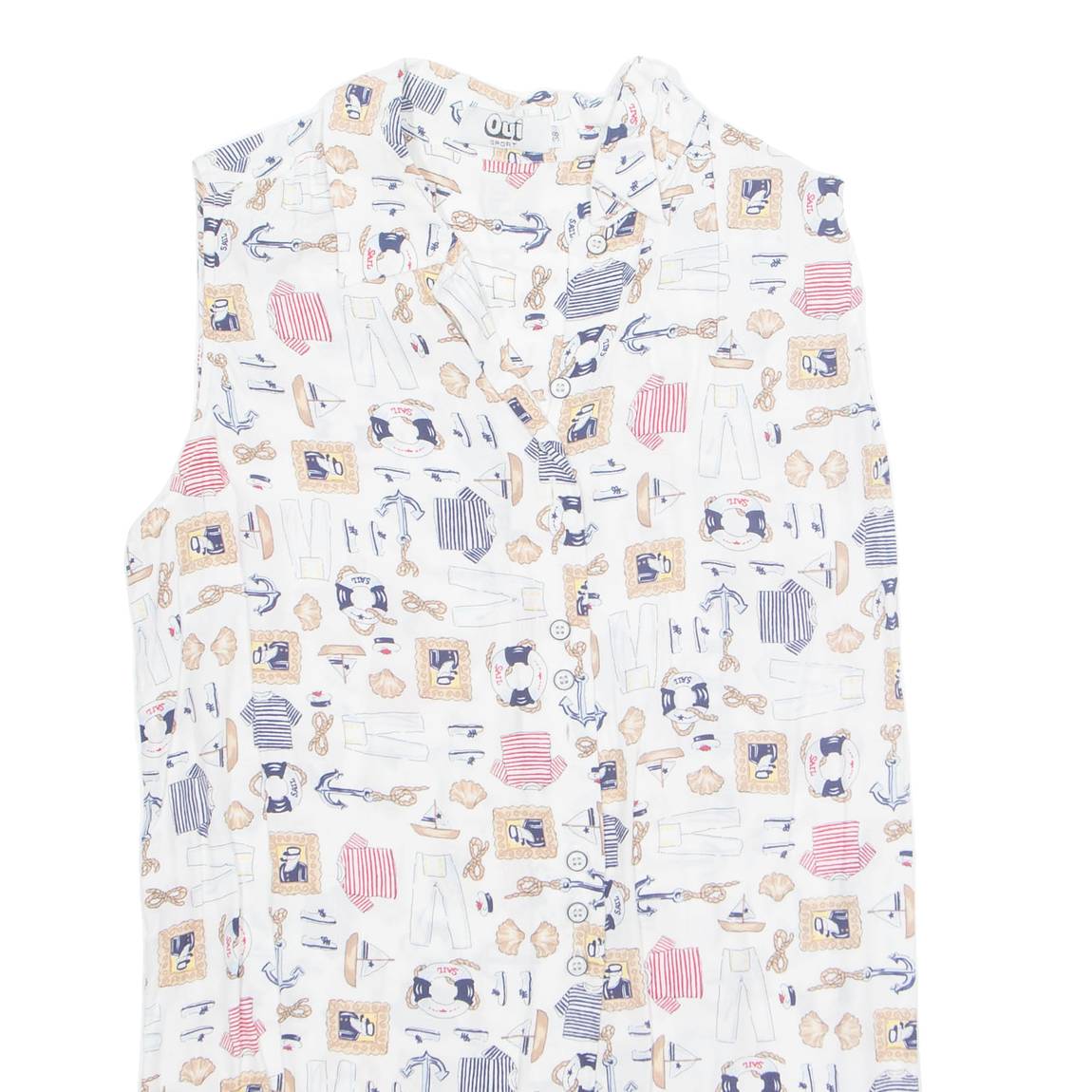 OUI SPORT Womens Printed Shirt White Collared Sleeveless Viscose Crazy Pattern M
