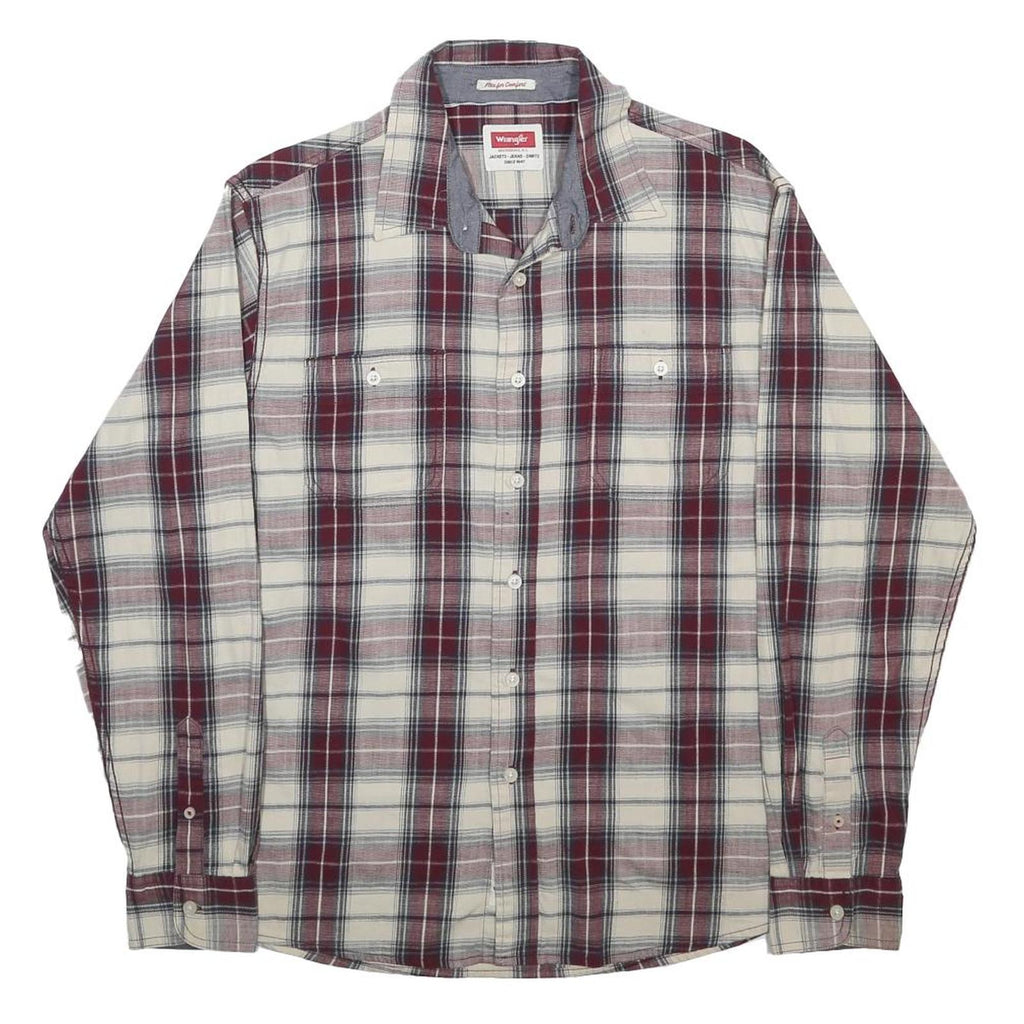 WRANGLER Mens Cream & Maroon Check Shirt L Casual Cotton Blend Long Sleeve