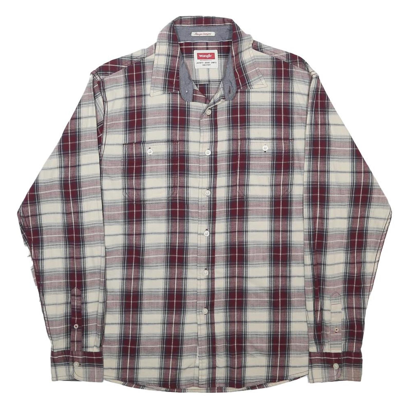 WRANGLER Mens Cream & Maroon Check Shirt L Casual Cotton Blend Long Sleeve