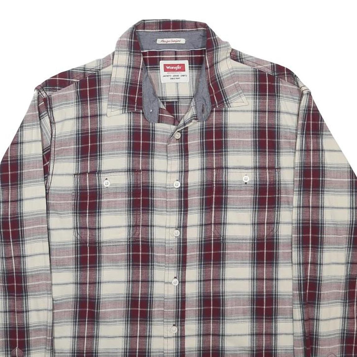 WRANGLER Mens Cream & Maroon Check Shirt L Casual Cotton Blend Long Sleeve