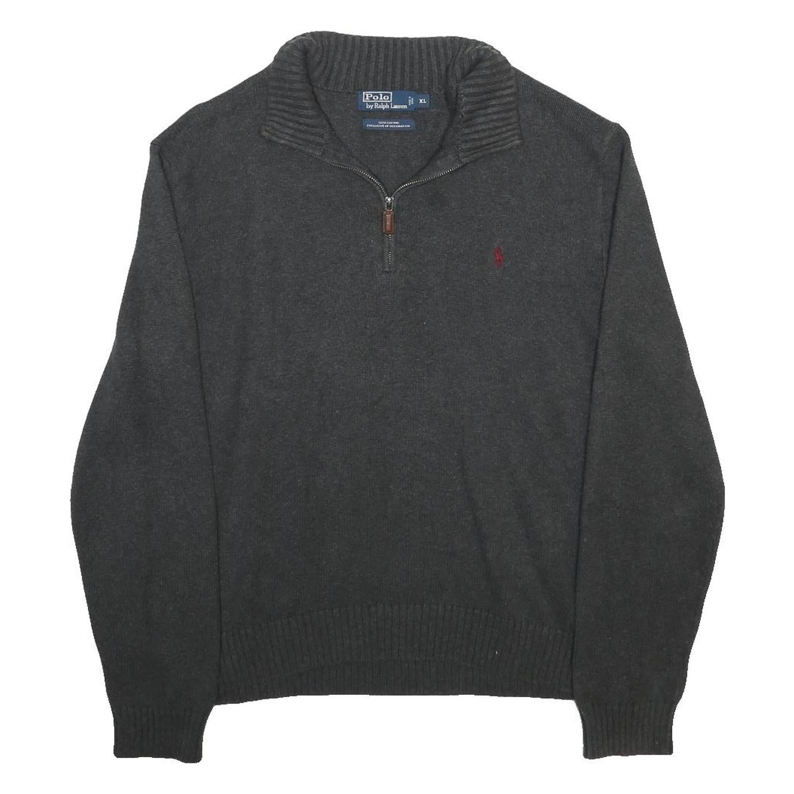 POLO RALPH LAUREN Mens Charcoal Grey Cotton Plain Quarter Zip Pullover Jumper XL