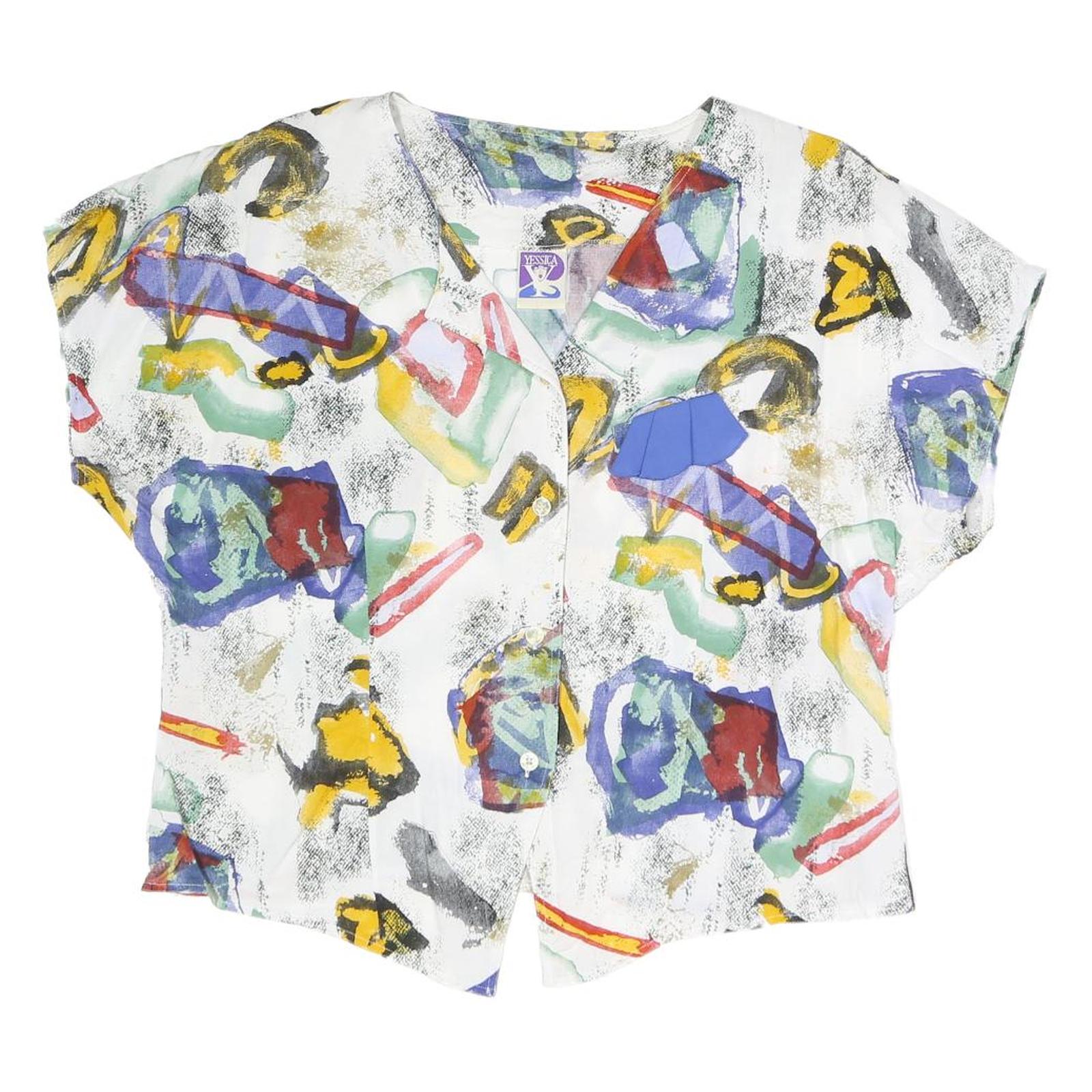 YESSICA Womens White Abstract Printed Blouse Short Sleeve V-Neck XL Relaxed Fit