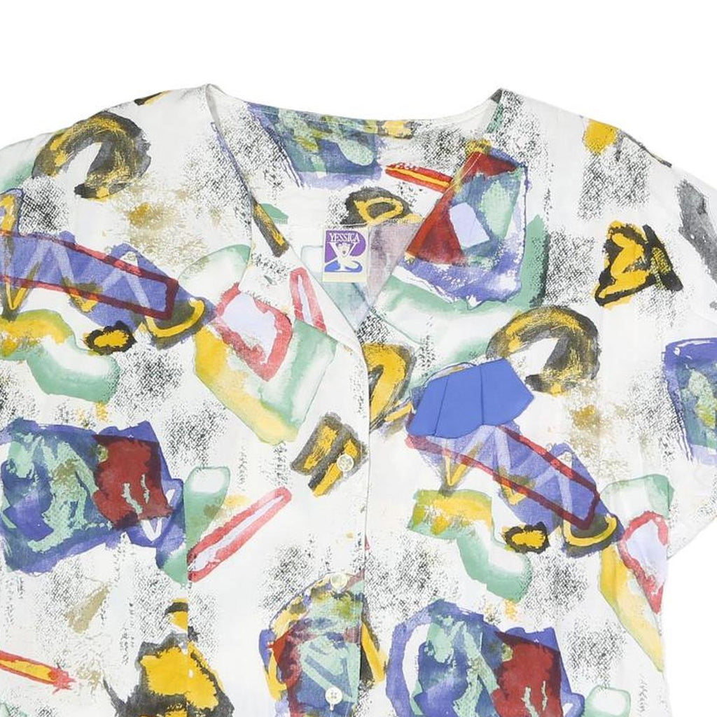 YESSICA Womens White Abstract Printed Blouse Short Sleeve V-Neck XL Relaxed Fit