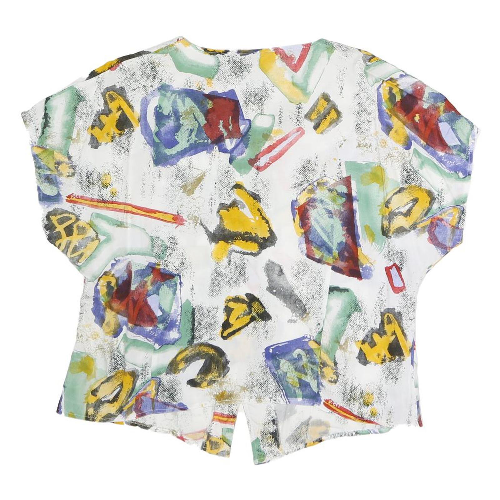 YESSICA Womens White Abstract Printed Blouse Short Sleeve V-Neck XL Relaxed Fit