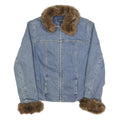 JONES NEW YORK Womens Blue Cotton Faux Fur Collar & Cuff Zip Denim Jacket L
