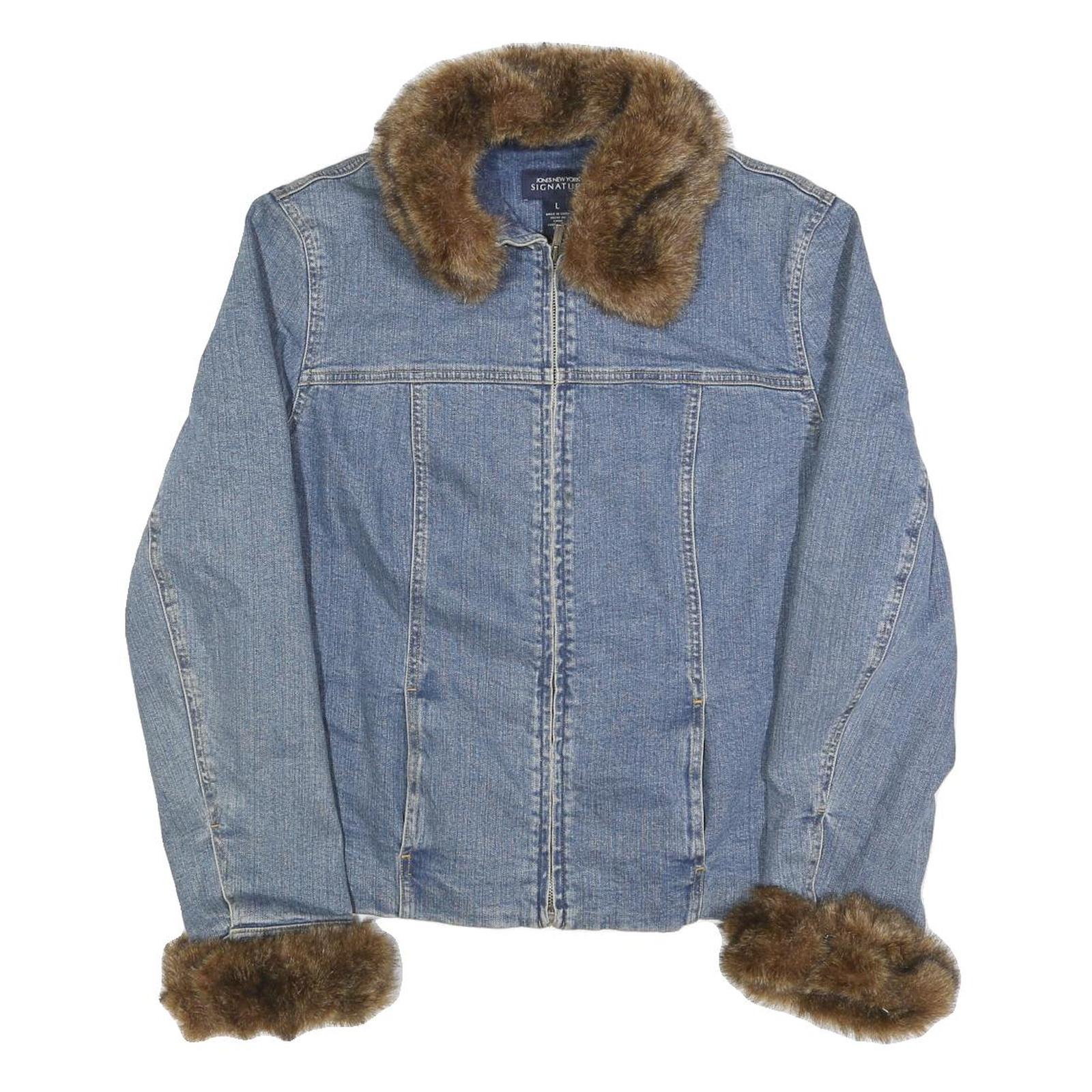 JONES NEW YORK Womens Blue Cotton Faux Fur Collar & Cuff Zip Denim Jacket L