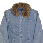 JONES NEW YORK Womens Blue Cotton Faux Fur Collar & Cuff Zip Denim Jacket L