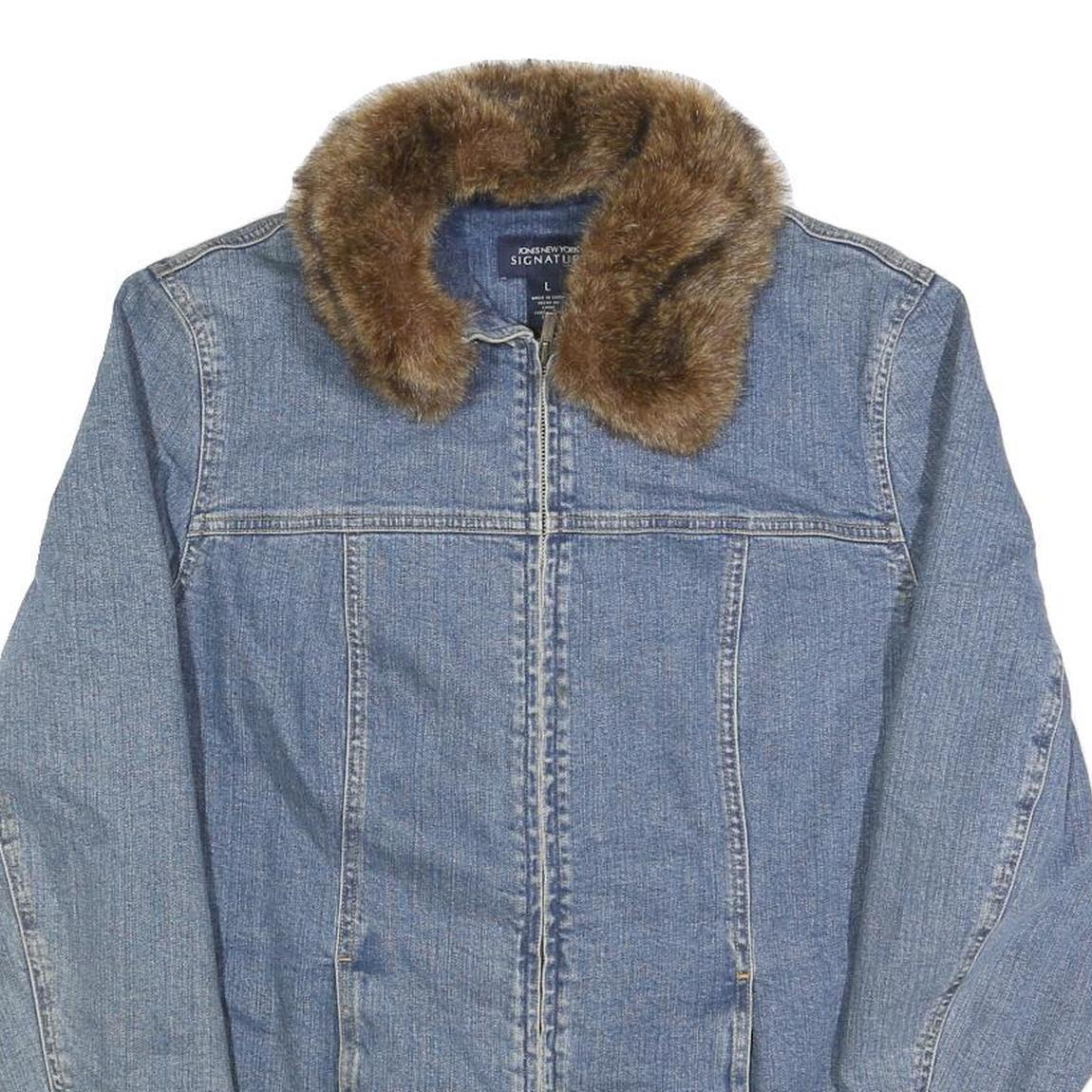 JONES NEW YORK Womens Blue Cotton Faux Fur Collar & Cuff Zip Denim Jacket L
