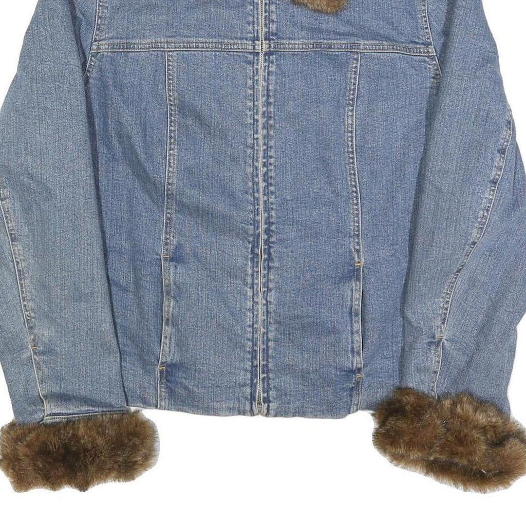 JONES NEW YORK Womens Blue Cotton Faux Fur Collar & Cuff Zip Denim Jacket L