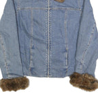 JONES NEW YORK Womens Blue Cotton Faux Fur Collar & Cuff Zip Denim Jacket L