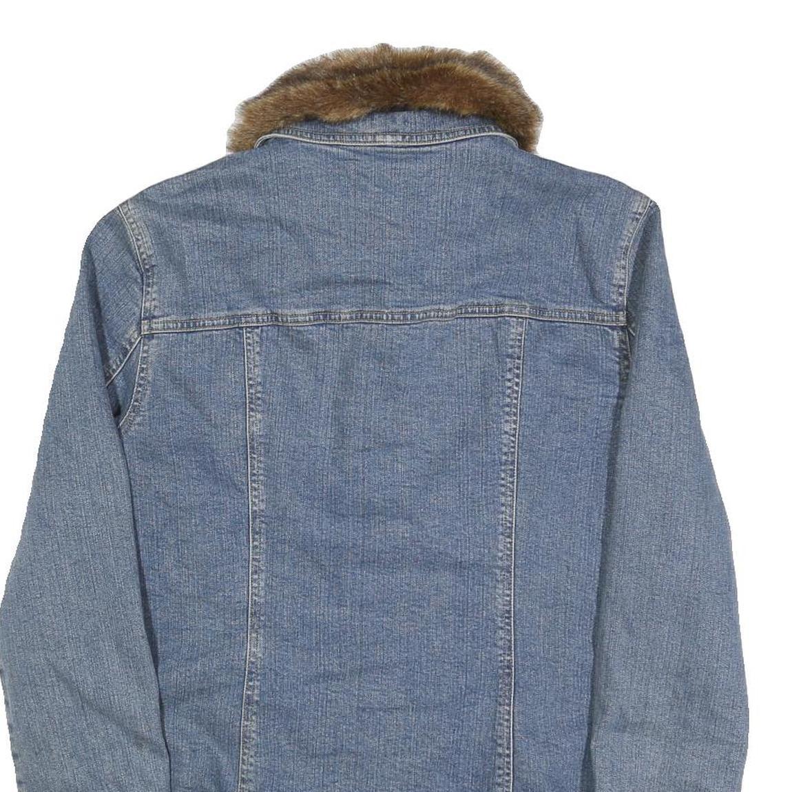 JONES NEW YORK Womens Blue Cotton Faux Fur Collar & Cuff Zip Denim Jacket L