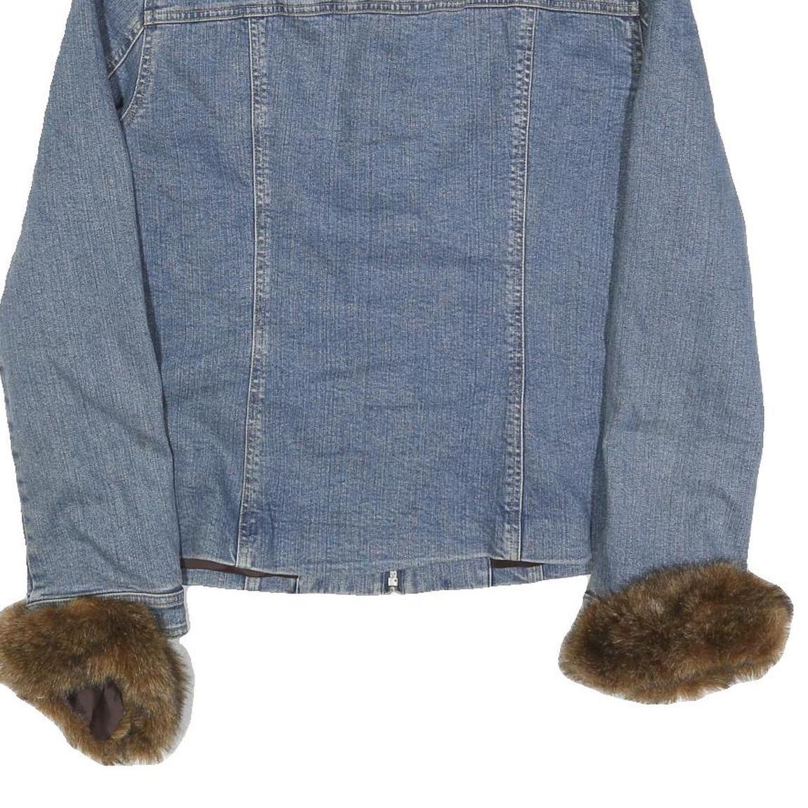 JONES NEW YORK Womens Blue Cotton Faux Fur Collar & Cuff Zip Denim Jacket L
