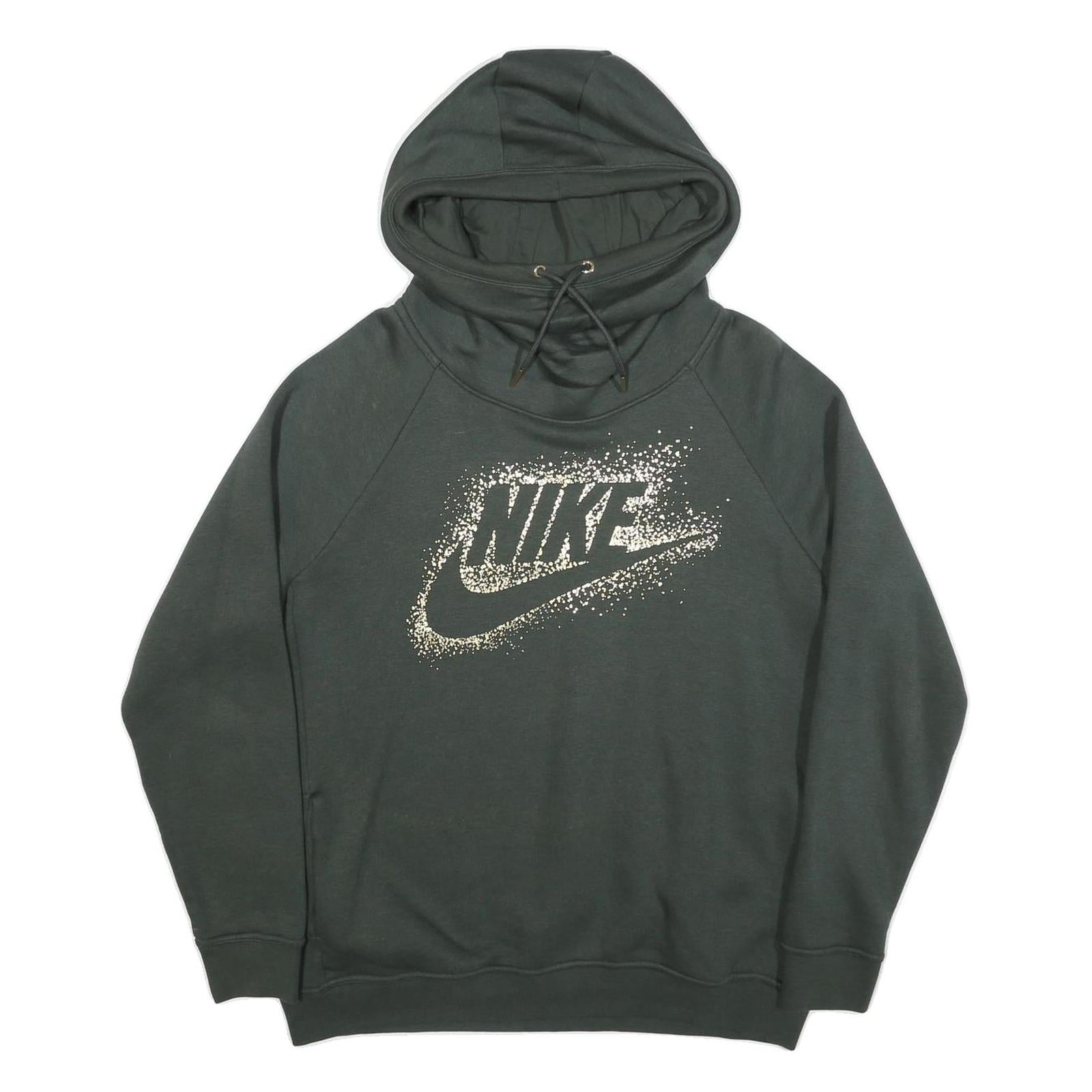 NIKE Womens Dark Green Hoodie L Cotton Blend Pullover Drawstring Hoodie