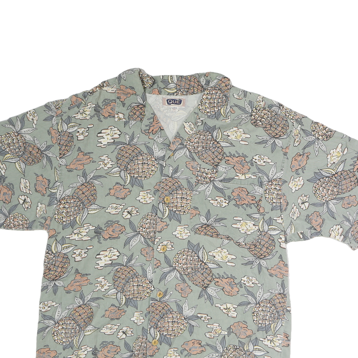 QUE Mens Green Pineapple Print Shirt XL Cotton Blend Relaxed Fit Summer