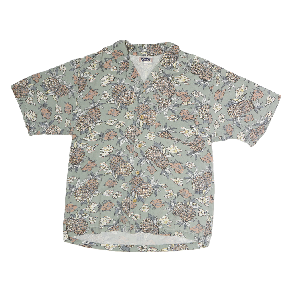 QUE Mens Green Pineapple Print Shirt XL Cotton Blend Relaxed Fit Summer