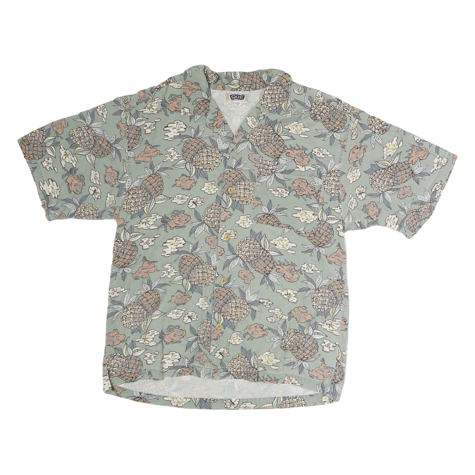 QUE Mens Green Pineapple Print Shirt XL Cotton Blend Relaxed Fit Summer