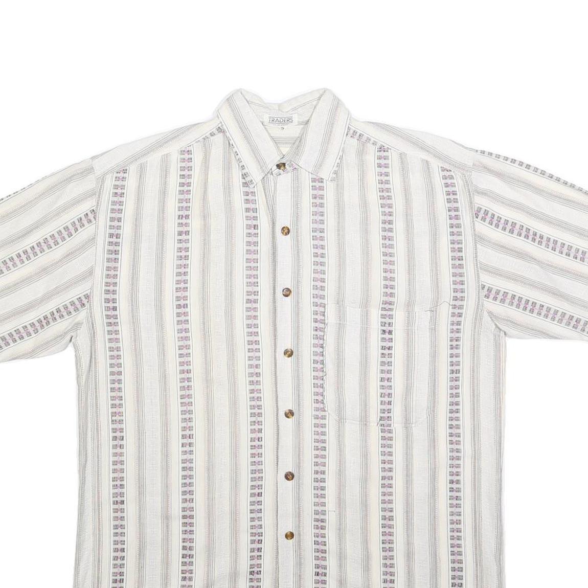TRADERS Mens White & Pale Purple Striped Cotton Blend Shirt S Casual Summer
