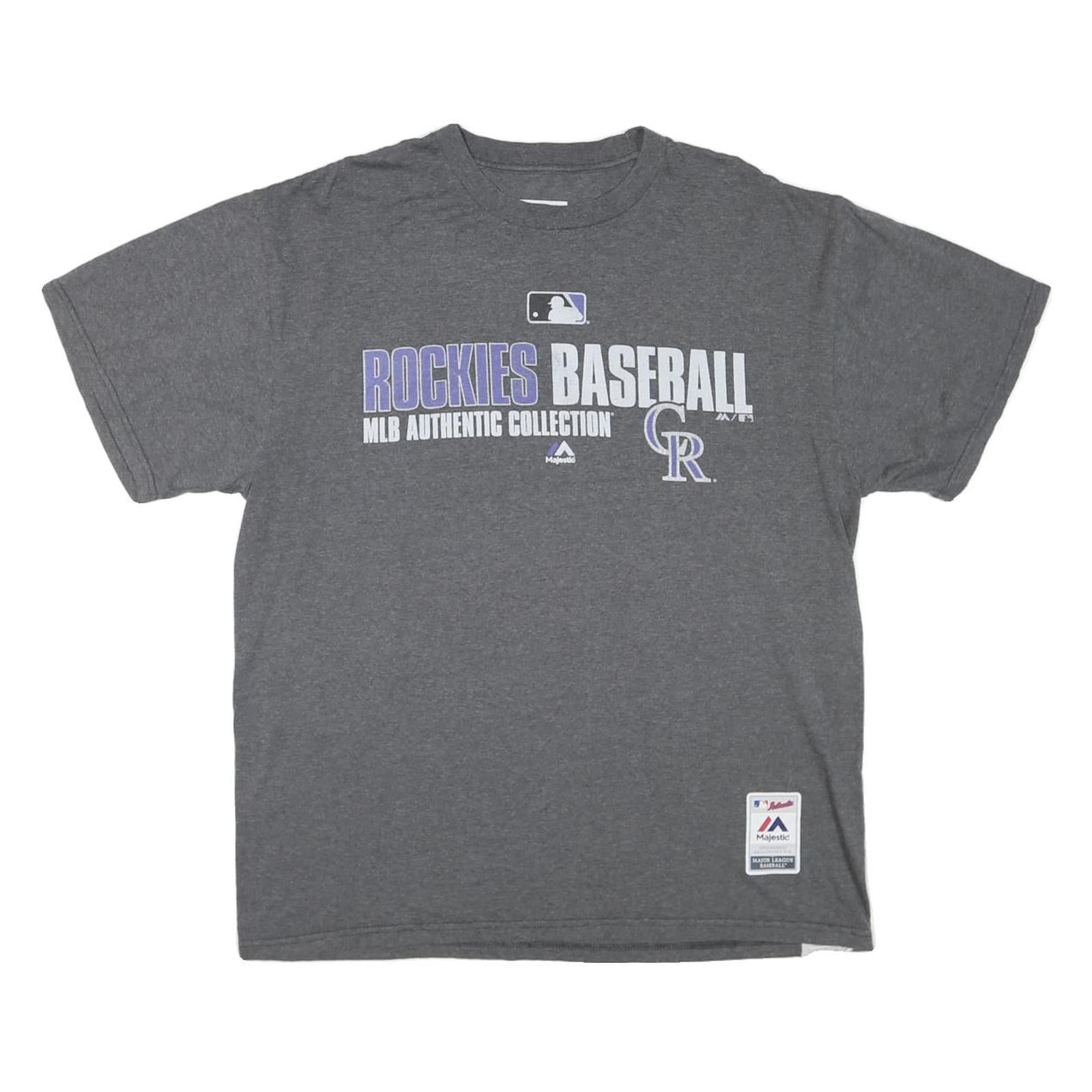 MAJESTIC Mens Grey Rockies Baseball Graphic T-Shirt L Crew Neck Short Sleeve
