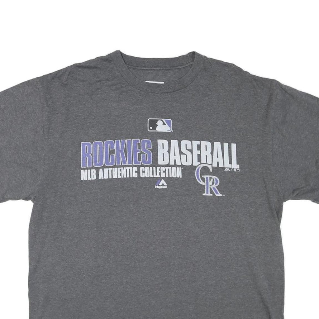 MAJESTIC Mens Grey Rockies Baseball Graphic T-Shirt L Crew Neck Short Sleeve