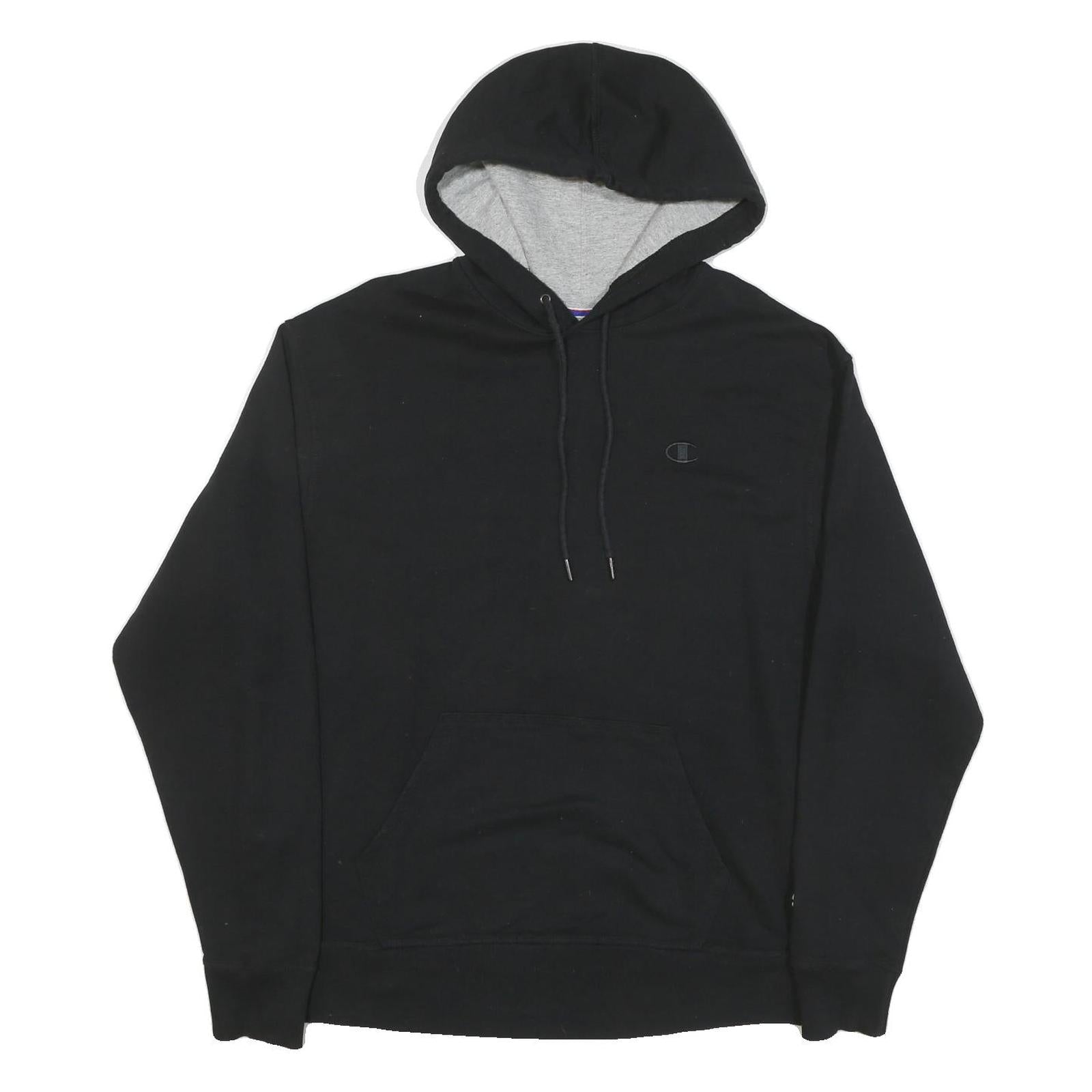 CHAMPION Mens Black Hoodie L Cotton Blend Classic Pullover Pocket Logo