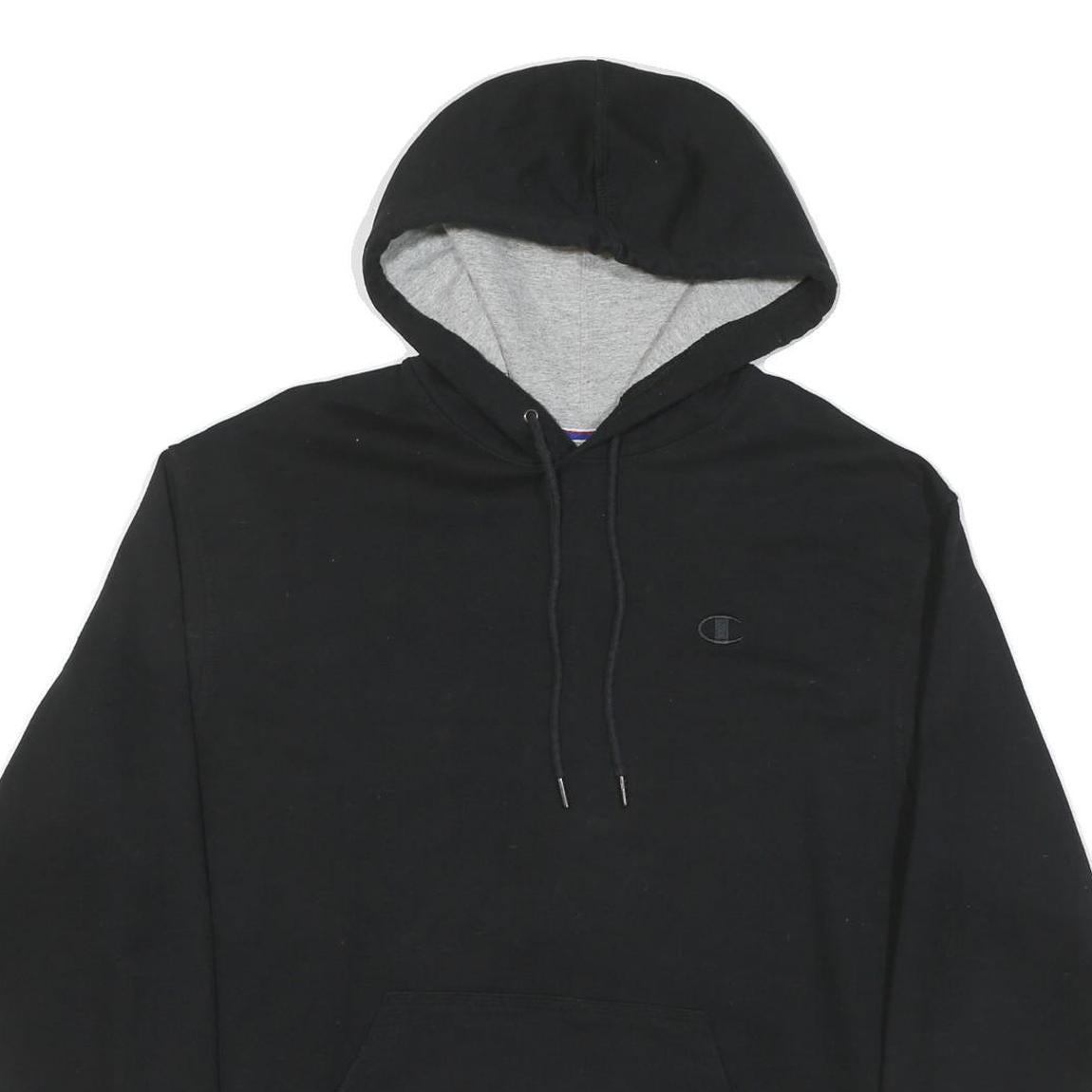 CHAMPION Mens Black Hoodie L Cotton Blend Classic Pullover Pocket Logo