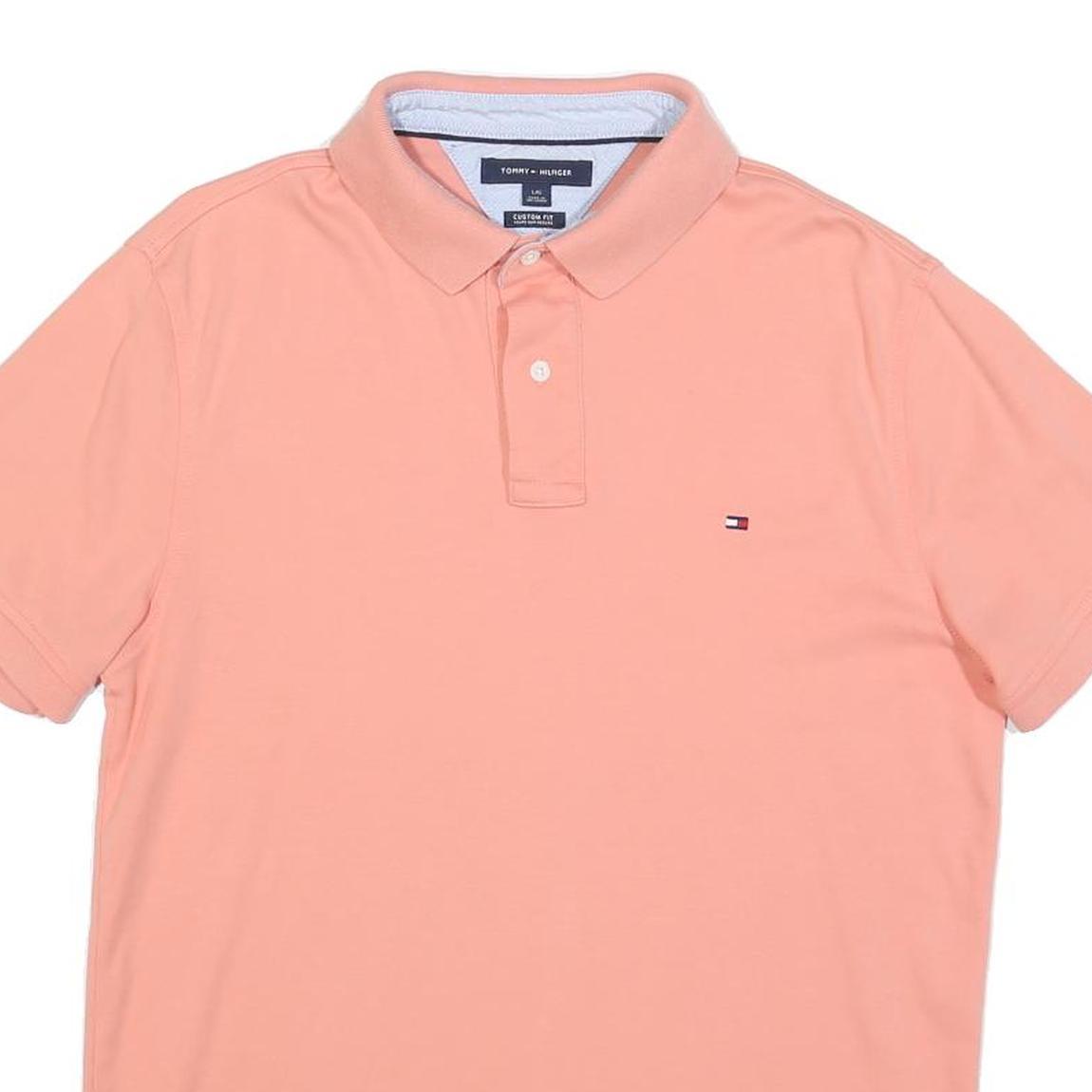 TOMMY HILFIGER Mens Peach Polo Shirt Short Sleeve Plain L Classic Fit Cotton
