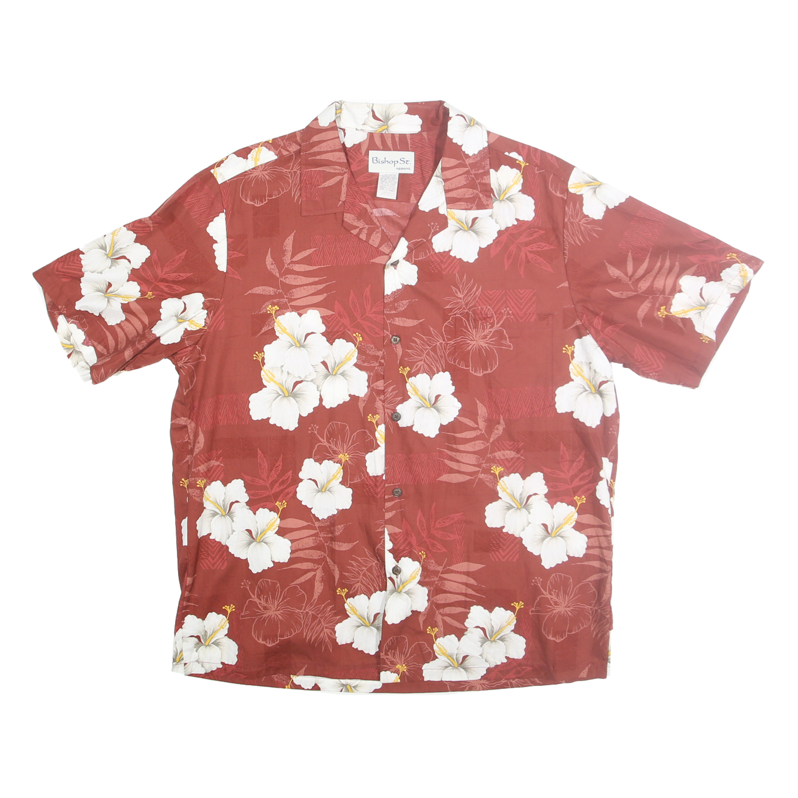 BISHOP ST Mens Rust & White Floral Cotton Shirt L Hawaiian Style Casual